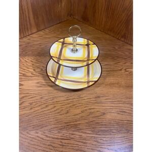 Vernonware Organdie 2 Tier‎ Tidbit Tray Hand Painted Plaid Yellow Brown Vintage